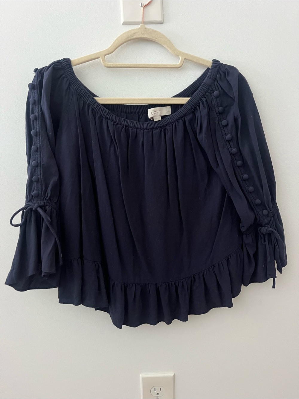 LOFT Petite Navy Off the Shoulder Ruffle Peasant Top